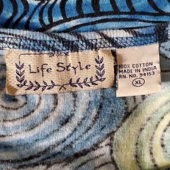 LIFE Style Blue Pullover Crew Neck Short Sleeve Wearable Art T-Shirt Size Small - Picture 9 of 10